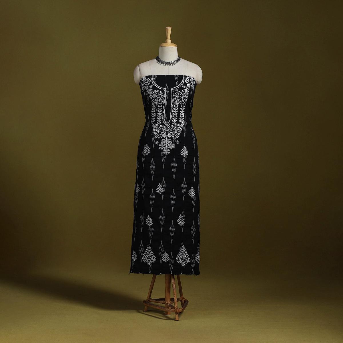 Black - Lucknowi Chikankari Work Pochampally Ikat Unstitched Kurta Material (2.5M) 73
