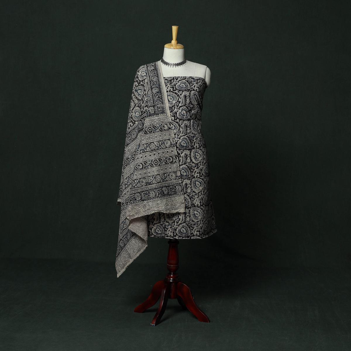 Black - Natural Dyed Block Print Cotton Pedana Kalamkari 2pc Unstitched Dress Material 61