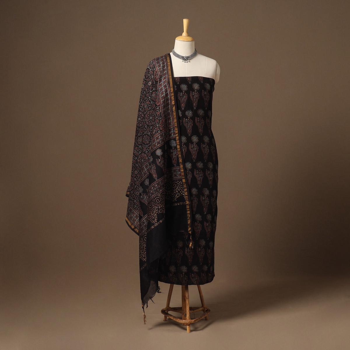 Black - Natural Dyed Chanderi Silk 2pc Unstitched Ajrakh Dress Material 09