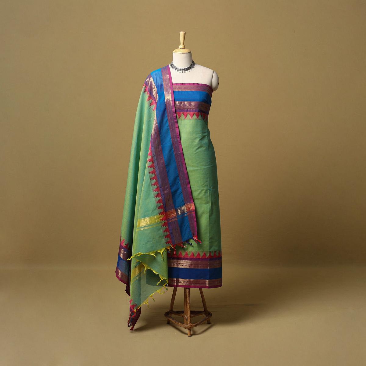 Green - 2pc Unstitched Kandangi Chettinad Cotton Dress Material 08