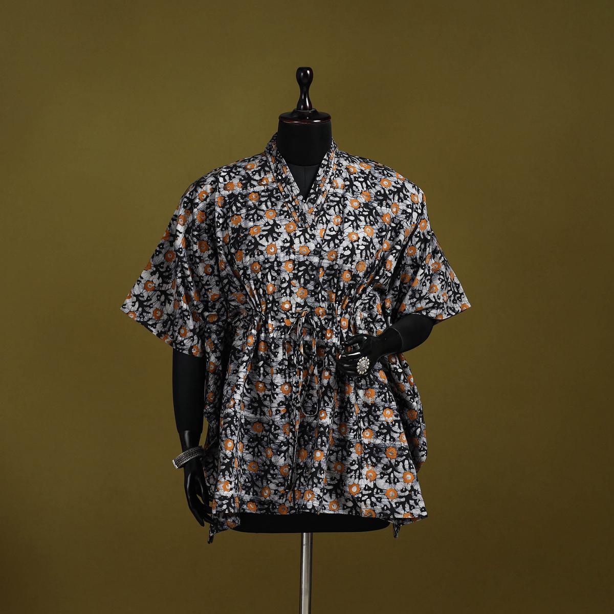 Black - Hand Block Batik Print Cotton Short Kaftan 20