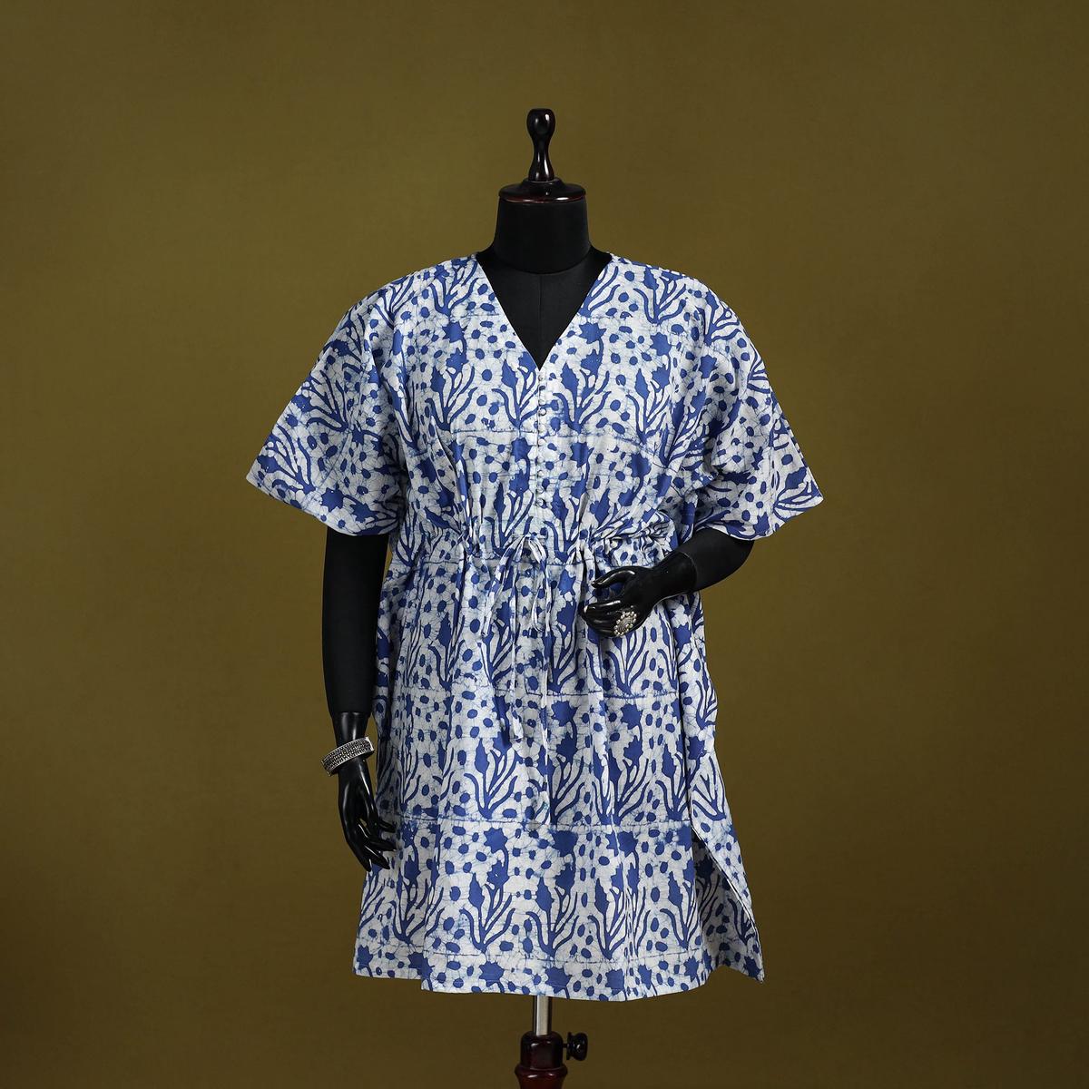 Blue - Hand Block Batik Print Cotton Medium Kaftan 44