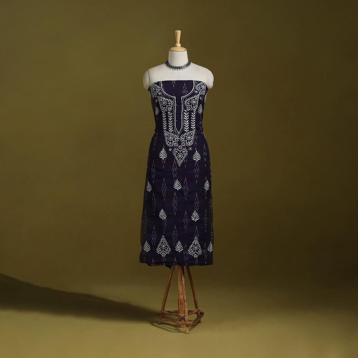 Blue - Lucknowi Chikankari Work Pochampally Ikat Unstitched Kurta Material (2.5M) 83