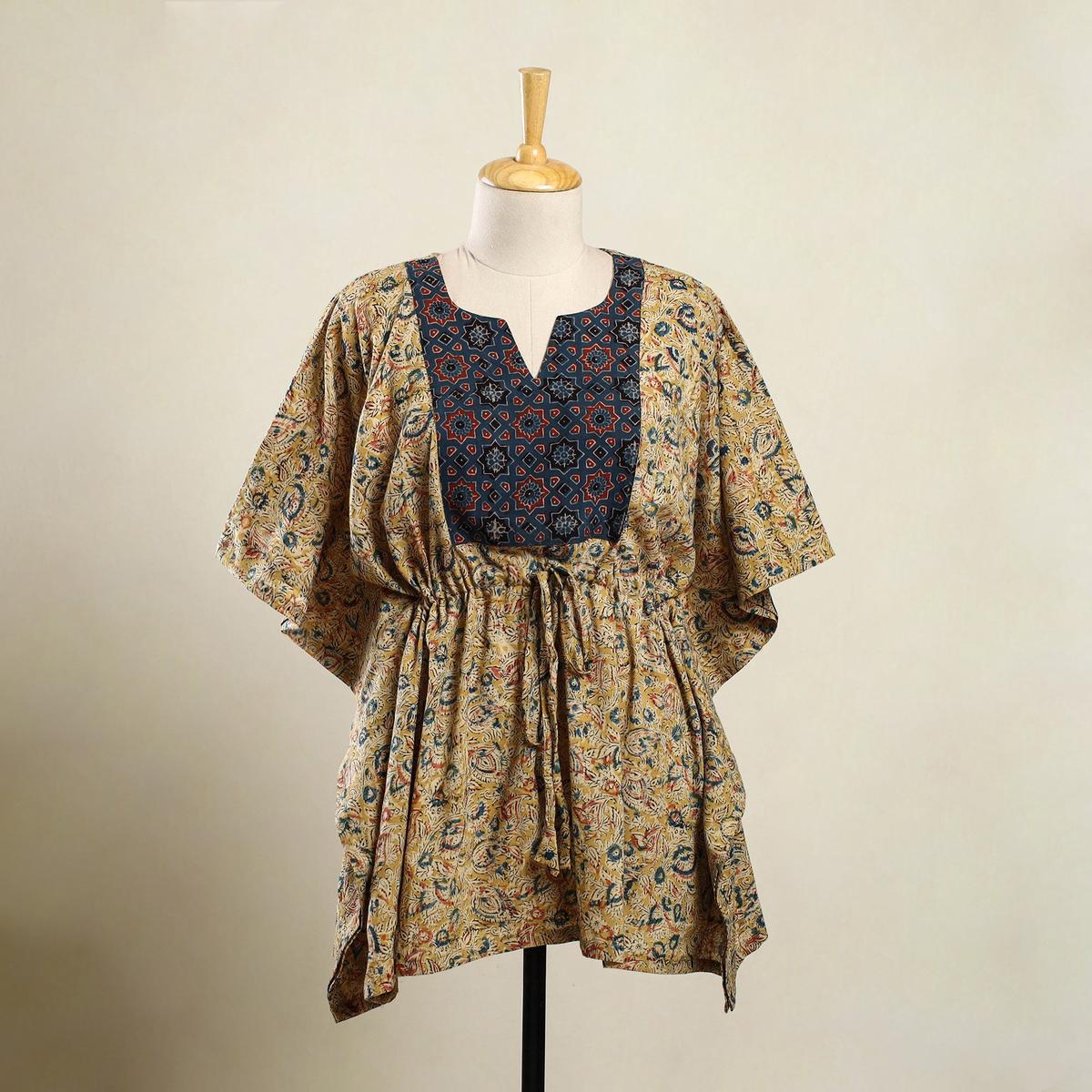 Beige - Kalamkari Block Print Patchwork Cotton Kaftan (Short) 30