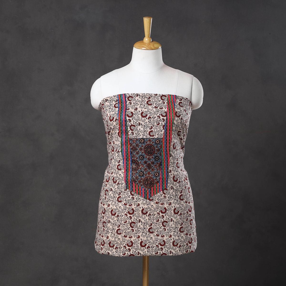 Beige - Bagh Print Cotton Unstitched Kurta Material with Patchwork (3m) 01