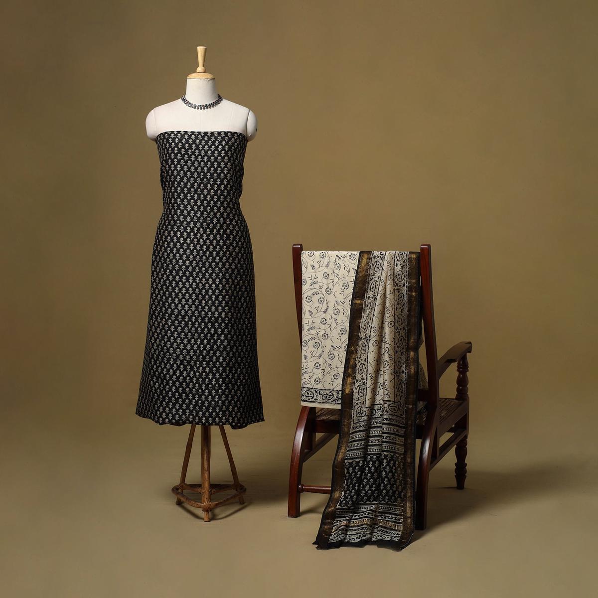 Black - Maheshwari Silk Bagru Hand Block Print 3pc Unstitched Dress Material 07