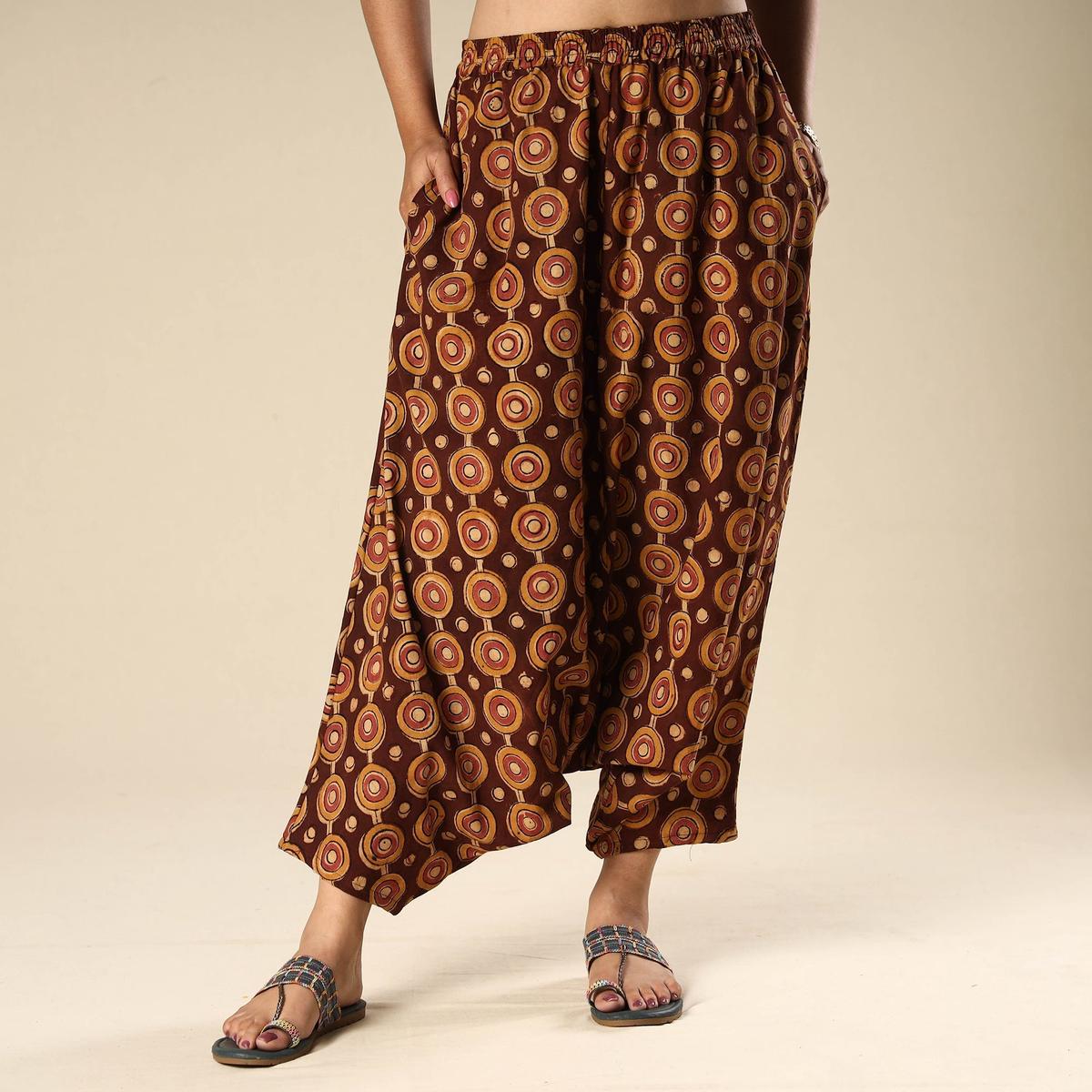 Brown - Kalamkari Block Printed Cotton Elasticated Harem Pant